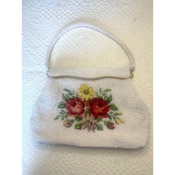 Needlepoint Roses Beaded Handbag Magnetic Closure and Inner Pockets - Picture 11 of 12